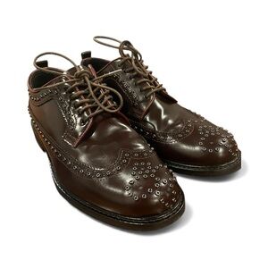 Minelli Classic Brown Patent Leather Wingtip Oxford Shoes Studded Italian